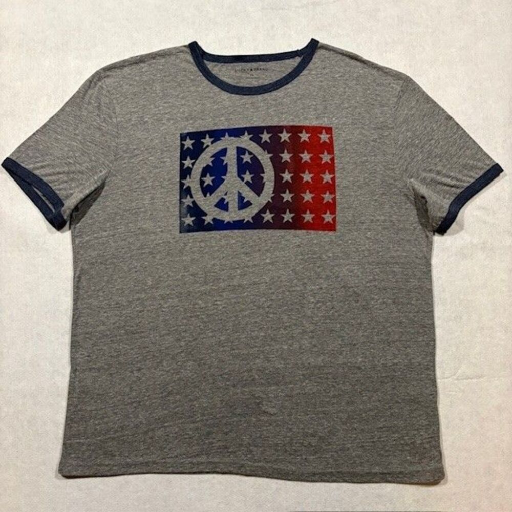 Lucky Brand XL Gray Ringer T-Shirt Peace Sign American Flag Graphic